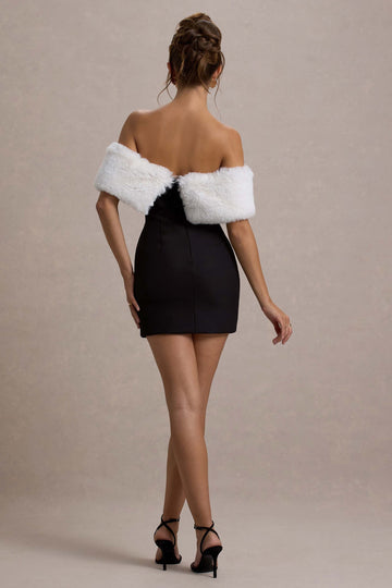 Little Luxe Black Bardot Mini Dress With White Fur Trim
